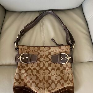 Vintage Coach Tan and Brown Signature Canvas and Suede Shoulder Bag